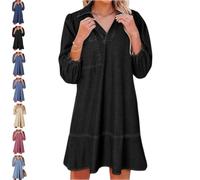 Women's V-Neck Puff Sleeve Denim Layered Dress, Collared V Neck Loose Shirt Jean Dress, Women 3/4 Sleeve Ruffle Denim Dresss (Black,XL)
