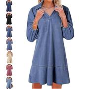 Women's V-Neck Puff Sleeve Denim Layered Dress, Collared V Neck Loose Shirt Jean Dress, Women 3/4 Sleeve Ruffle Denim Dresss (Navy Blue,S)