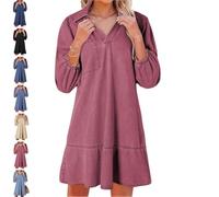 Women's V-Neck Puff Sleeve Denim Layered Dress, Collared V Neck Loose Shirt Jean Dress, Women 3/4 Sleeve Ruffle Denim Dresss (Red,L)