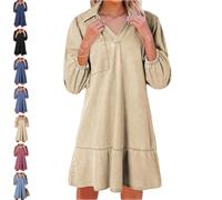 Women's V-Neck Puff Sleeve Denim Layered Dress, Collared V Neck Loose Shirt Jean Dress, Women 3/4 Sleeve Ruffle Denim Dresss (Khaki,XXL)
