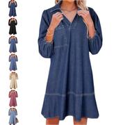 Women's V-Neck Puff Sleeve Denim Layered Dress, Collared V Neck Loose Shirt Jean Dress, Women 3/4 Sleeve Ruffle Denim Dresss (Dark Blue,L)