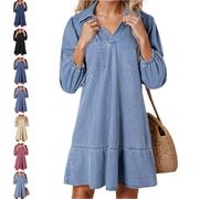 Women's V-Neck Puff Sleeve Denim Layered Dress, Collared V Neck Loose Shirt Jean Dress, Women 3/4 Sleeve Ruffle Denim Dresss (Light Blue,L)