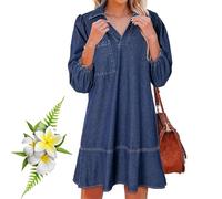 Women's V-Neck Puff Sleeve Denim Layered Dress Summer, Jean Dresses with 3/4 Sleeves, A-Line Skirt with Pockets (Dark Blue,M)