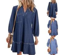 Women's V-Neck Puff Sleeve Denim Layered Dress Summer Jean Dresses with 3/4 Sleeves Womens Cute Fashion Fall A Line (Blue1,3XL)