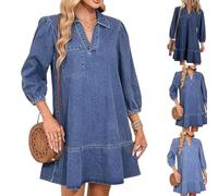 Women's V-Neck Puff Sleeve Denim Layered Dress Summer Jean Dresses with 3/4 Sleeves Womens Cute Fashion Fall A Line (Blue3,L)