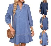 Women's V-Neck Puff Sleeve Denim Layered Dress Summer Jean Dresses with 3/4 Sleeves Womens Cute Fashion Fall A Line (Blue2,3XL)