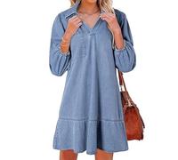 Women's V-Neck Puff Sleeve Denim Layered Dress Womens Cute Fashion Fall A Line Summer Jean Dresses with 3/4 Sleeves (1PCS/B,M)