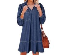 Women's V-Neck Puff Sleeve Denim Layered Dress Womens Cute Fashion Fall A Line Summer Jean Dresses with 3/4 Sleeves (1PCS/A,XXL)