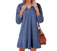 Women's V-Neck Puff Sleeve Denim Layered Dress Womens Cute Fashion Fall A Line Summer Jean Dresses with 3/4 Sleeves (1PCS/C,L)