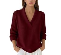 Women's V Neck Sweater Long Sleeve Knit Pullover Relaxed Fit Solid Color (Burgundy,S)