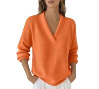 Women's V Neck Sweater Long Sleeve Knit Pullover Relaxed Fit Solid Color (Orange,5XL)