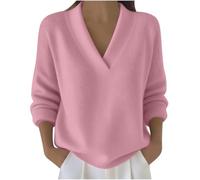 Women's V Neck Sweater Long Sleeve Knit Pullover Relaxed Fit Solid Color (Pink,5XL)