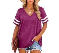 Women's V Neck T Shirts Short Sleeve Striped Sleeve Casual Loose Fit Summer Tops Basic tee Shirts for Women Green Athletic Style Soft Fabric