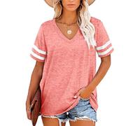 Women's V Neck T Shirts Short Sleeve Striped Sleeve Casual Loose Fit Summer Tops Basic tee Shirts for Women Green Athletic Style Soft Fabric
