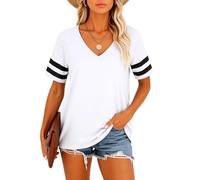 Women's V Neck T Shirts Short Sleeve Striped Sleeve Casual Loose Fit Summer Tops Basic tee Shirts for Women Green Athletic Style Soft Fabric