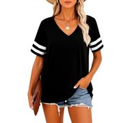 Women's V Neck T Shirts Short Sleeve Striped Sleeve Casual Loose Fit Summer Tops Basic tee Shirts for Women Green Athletic Style Soft Fabric