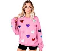 Women's Valentine's Day Heart Print Crewneck Sweatshirt, Casual Oversized Long Sleeve Graphic Top for Women