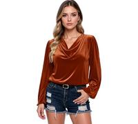 Women's Velvet Cowl Neck Long Sleeve Top Elegant Draped Neckline Blouse Casual Loose Fit Pullover Shirt for Fall Winter Party Daily Wear