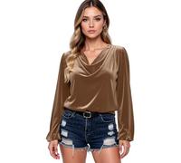 Women's Velvet Cowl Neck Long Sleeve Top Elegant Draped Neckline Blouse Casual Loose Fit Pullover Shirt for Fall Winter Party Daily Wear