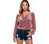 Women's Velvet Cowl Neck Long Sleeve Top Elegant Draped Neckline Blouse Casual Loose Fit Pullover Shirt for Fall Winter Party Daily Wear