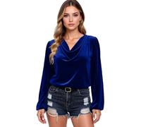 Women's Velvet Cowl Neck Long Sleeve Top Elegant Draped Neckline Blouse Casual Loose Fit Pullover Shirt for Fall Winter Party Daily Wear