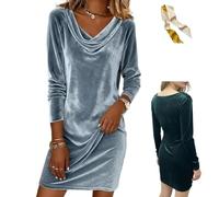 Women's Velvet Cowl Neck Mini Dress,Long Sleeve Solid Ruched Slim Fit Dress,Fall Winter Elegant Flowy Cocktail Party Dresses (FR/ES, Letras, L, Regular, Regular, Silver)