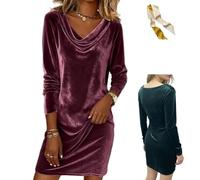 Women's Velvet Cowl Neck Mini Dress,Long Sleeve Solid Ruched Slim Fit Dress,Fall Winter Elegant Flowy Cocktail Party Dresses (FR/ES, Letras, XL, Regular, Regular, Purple)