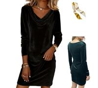 Women's Velvet Cowl Neck Mini Dress,Long Sleeve Solid Ruched Slim Fit Dress,Fall Winter Elegant Flowy Cocktail Party Dresses (FR/ES, Letras, XXL, Regular, Regular, Black)