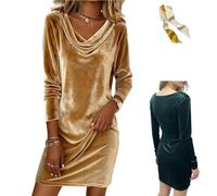 Women's Velvet Cowl Neck Mini Dress,Long Sleeve Solid Ruched Slim Fit Dress,Fall Winter Elegant Flowy Cocktail Party Dresses (FR/ES, Letras, L, Regular, Regular, Gold)
