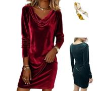 Women's Velvet Cowl Neck Mini Dress,Long Sleeve Solid Ruched Slim Fit Dress,Fall Winter Elegant Flowy Cocktail Party Dresses (FR/ES, Letras, M, Regular, Regular, Red)
