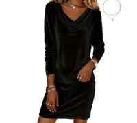 Women's Velvet Dresses Cowl Neck Elegant Long Sleeve Long Sleeve Party Cocktail Holiday Christmas Mini Dresses (Black,XL)
