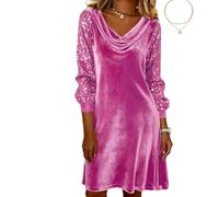 Women's Velvet Dresses Cowl Neck Elegant Long Sleeve Long Sleeve Party Cocktail Holiday Christmas Mini Dresses (Pink,M)