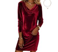 Women's Velvet Dresses Cowl Neck Elegant Long Sleeve Long Sleeve Party Cocktail Holiday Christmas Mini Dresses (Red,S)