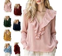 Women's Velvet V-Neck Ruffled Long Sleeve Blouse,Vintage Dressy Layer Top