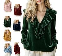 Women's Velvet V-Neck Ruffled Long Sleeve Blouse,Vintage Dressy Layer Top
