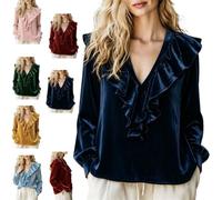 Women's Velvet V-Neck Ruffled Long Sleeve Blouse,Vintage Dressy Layer Top