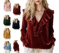 Women's Velvet V-Neck Ruffled Long Sleeve Blouse,Vintage Dressy Layer Top