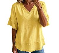 Women's Vintage Art Patchwork Cotton and Linen Shirt Casual Short Sleeve V Neck Tunic Tops Boho Raw Edge Blouses T-Shirt (Yellow,3XL)