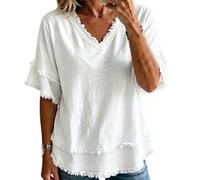 Women's Vintage Art Patchwork Cotton and Linen Shirt Casual Short Sleeve V Neck Tunic Tops Boho Raw Edge Blouses T-Shirt (White,XL)