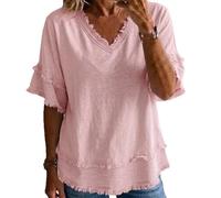 Women's Vintage Art Patchwork Cotton and Linen Shirt Casual Short Sleeve V Neck Tunic Tops Boho Raw Edge Blouses T-Shirt (Pink,S)