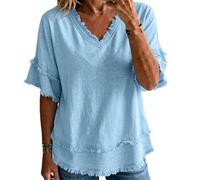 Women's Vintage Art Patchwork Cotton and Linen Shirt Casual Short Sleeve V Neck Tunic Tops Boho Raw Edge Blouses T-Shirt (Blue,XXL)