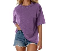 Women's Vintage Baggy Wash Cotton Tees, Oversized T Shirts for Women Vintage Acid Wash Basic Short Sleeve Tops (Purple,S)