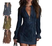 Women's Vintage Floral Print Faux Suede Mini Dress Long, Womens Embroidery Dress V-Neck Zip-Up Lace Trim Long Sleeve Suede Dresses for Women 2025 (Dark Blue,S)