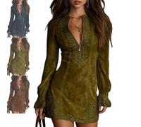 Women's Vintage Floral Print Faux Suede Mini Dress Long, Womens Embroidery Dress V-Neck Zip-Up Lace Trim Long Sleeve Suede Dresses for Women 2025 (Green,XL)