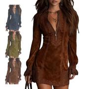 Women's Vintage Floral Print Faux Suede Mini Dress Long, Womens Embroidery Dress V-Neck Zip-Up Lace Trim Long Sleeve Suede Dresses for Women 2025 (Brown,XL)