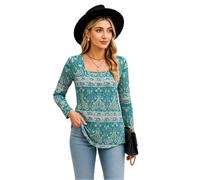 Women's Vintage Paisley Print Square Neck Long Sleeve Tunic Top Boho Flowy Blouse with Curved Hem Casual Loose Fit Shirt for Fall Winter