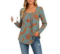 Women's Vintage Paisley Print Square Neck Long Sleeve Tunic Top Boho Flowy Blouse with Curved Hem Casual Loose Fit Shirt for Fall Winter