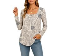 Women's Vintage Paisley Print Square Neck Long Sleeve Tunic Top Boho Flowy Blouse with Curved Hem Casual Loose Fit Shirt for Fall Winter