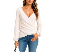 Women's Waffle Knit Long Sleeve Top Deep V Neck Wrap Blouse Lantern Sleeve Casual Spring Fall Tunic Shirt Soft Stretchy Thermal Pullover