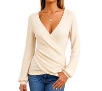 Women's Waffle Knit Long Sleeve Top Deep V Neck Wrap Blouse Lantern Sleeve Casual Spring Fall Tunic Shirt Soft Stretchy Thermal Pullover